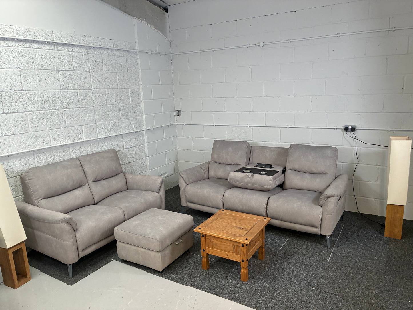 BRAND NEW FURNITURE VILLAGE DAYTONA 3 Seater Power recliner with cinema seat, Bluetooth speaker drink holder and 2 plugs with a 2 Seater Sofa (static) and Storage footstool Full Set